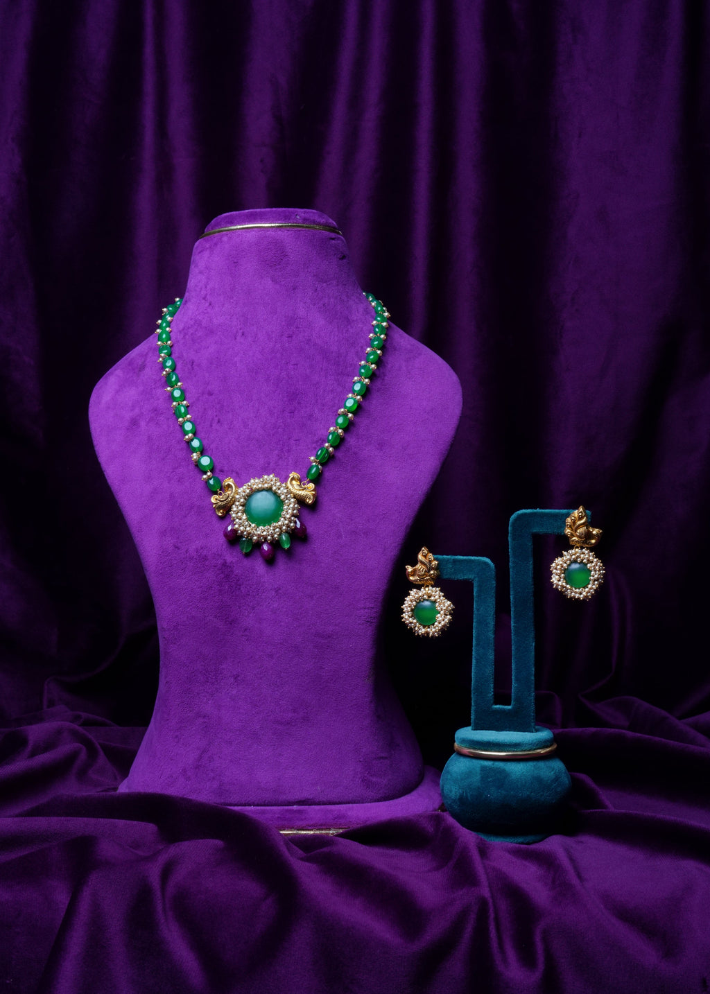 Peacock Nakshi Guttapusalu Mala with Jadau Emerald Stones, Oval Emeralds & Earrings