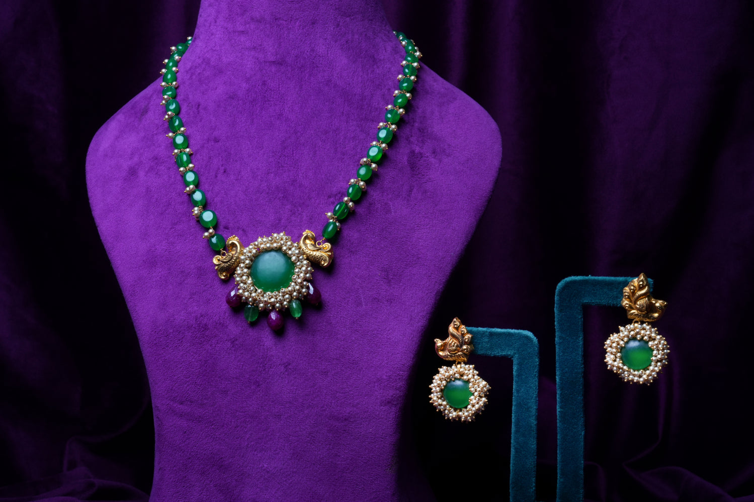 Peacock Nakshi Guttapusalu Mala with Jadau Emerald Stones, Oval Emeralds & Earrings