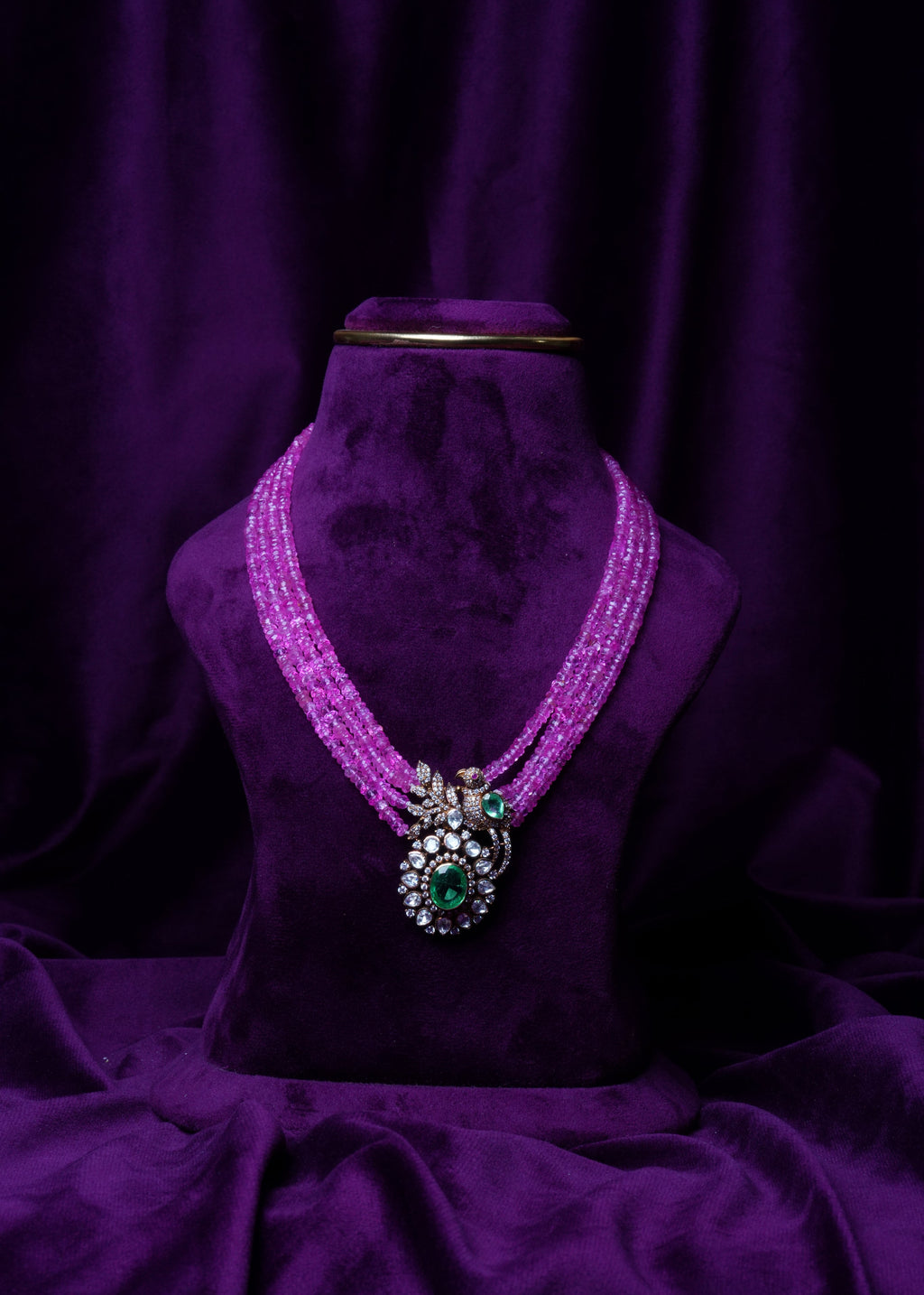 Four-Layer Pink Tourmalines and Polki Mayil Chakri Motif Pear-Shape with Emerald Drop Pendant