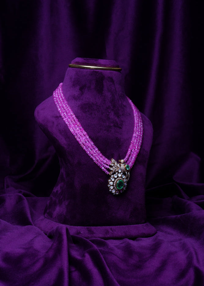 Four-Layer Pink Tourmalines and Polki Mayil Chakri Motif Pear-Shape with Emerald Drop Pendant