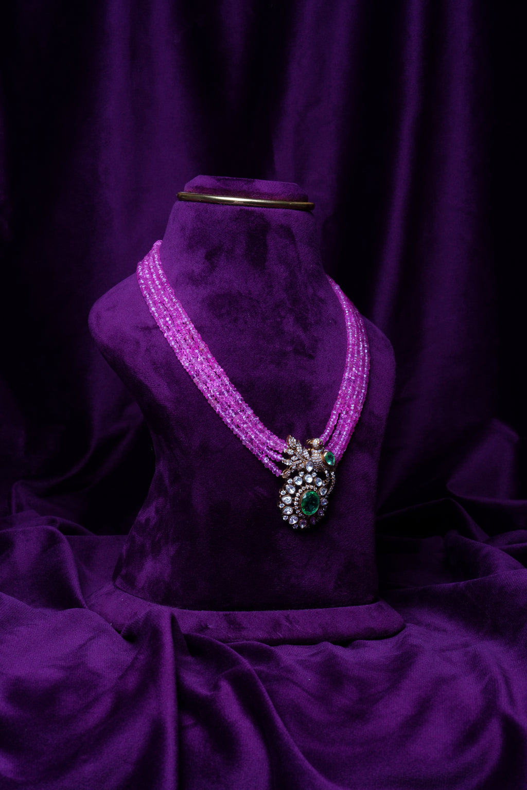 Four-Layer Pink Tourmalines and Polki Mayil Chakri Motif Pear-Shape with Emerald Drop Pendant