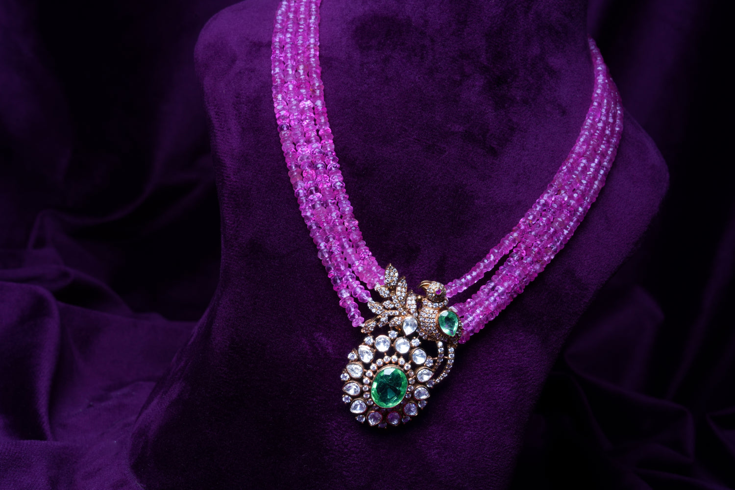 Four-Layer Pink Tourmalines and Polki Mayil Chakri Motif Pear-Shape with Emerald Drop Pendant