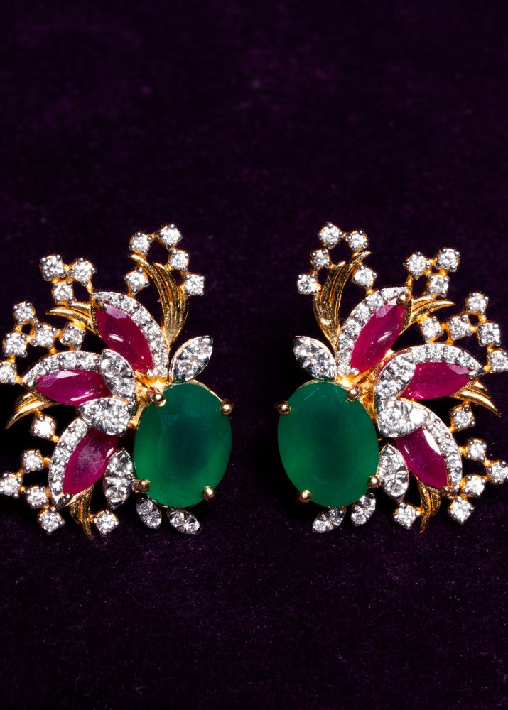 Asymmetric Peacock Splendor Floral Spray Emerald & Ruby Bouquet Earrings
