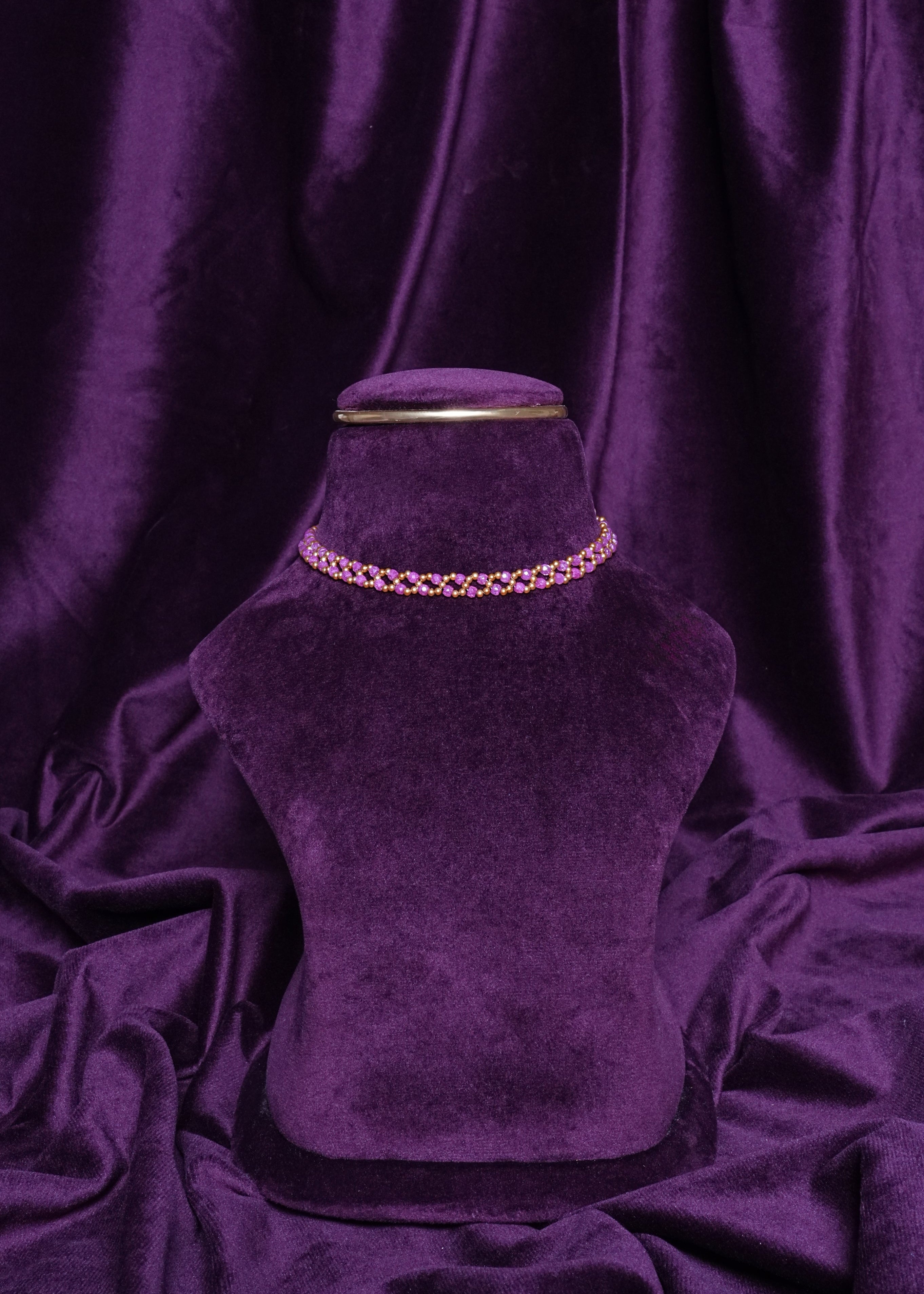Beaded Magenta Wave & Orchid Gold Harlequin Ribbon Choker