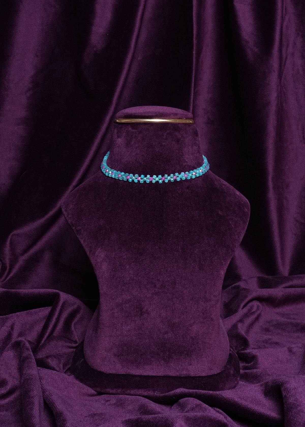 Beaded Turquoise Interlocking Rosetta Clover Ribbon Choker