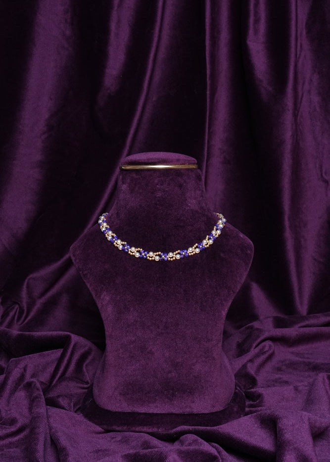 Beaded Purple and Gold Pearl Cross- Weave Ribbon Choker