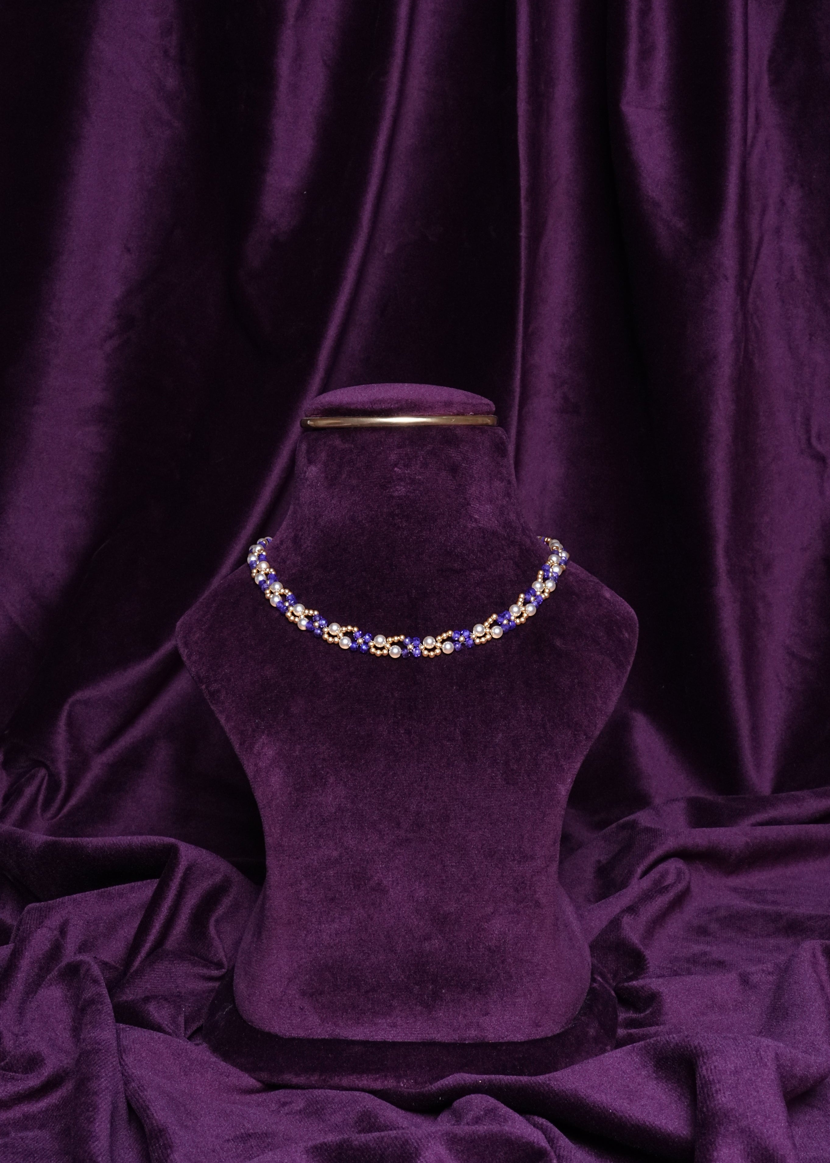 Beaded Purple and Gold Pearl Cross- Weave Ribbon Choker