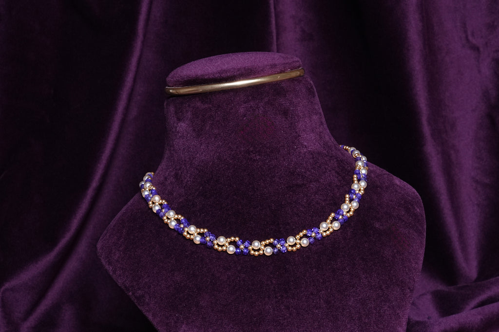 Beaded Purple and Gold Pearl Cross- Weave Ribbon Choker