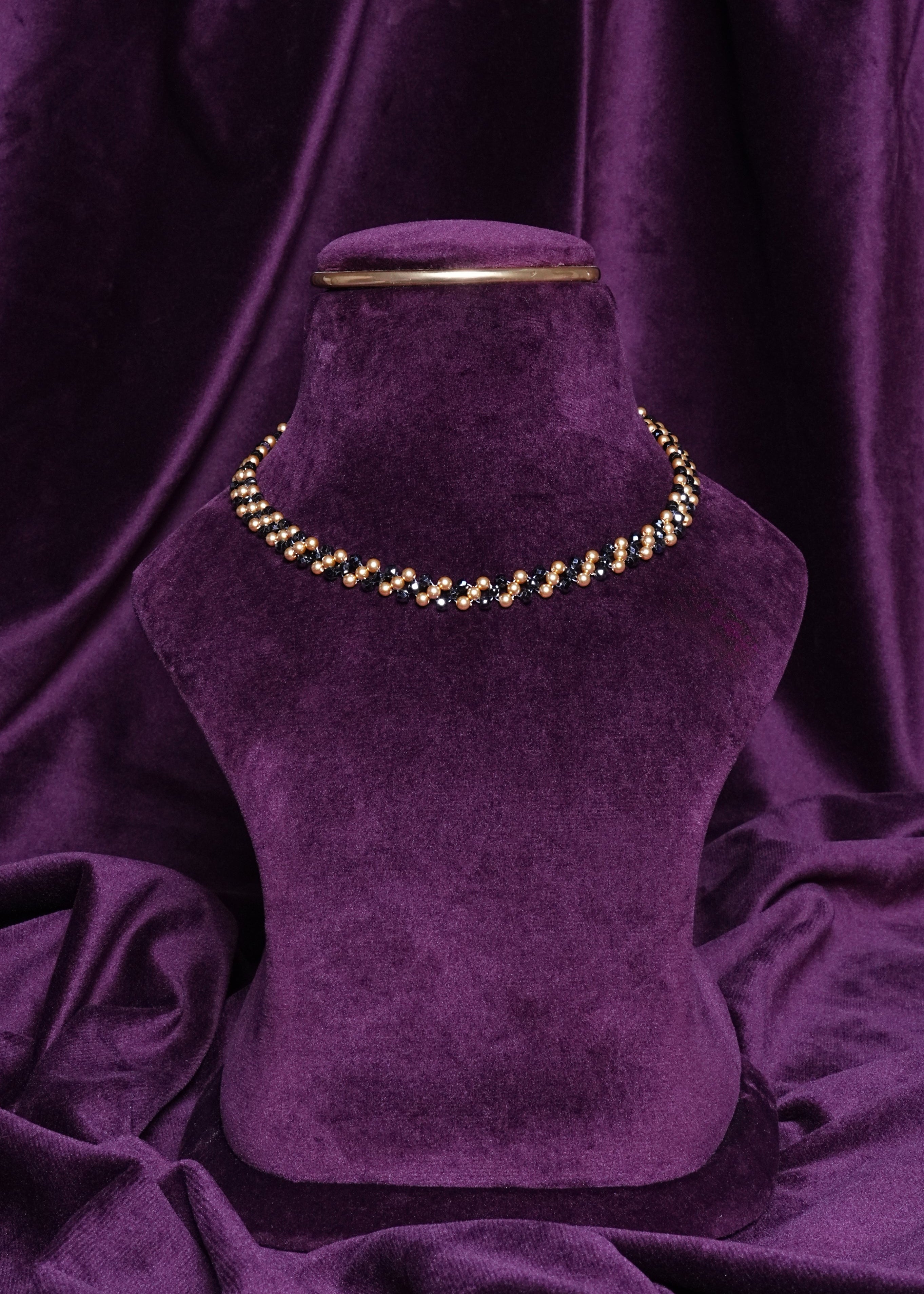 Beaded Helix Cross Gold Pearl and Zircon Black Wave Choker