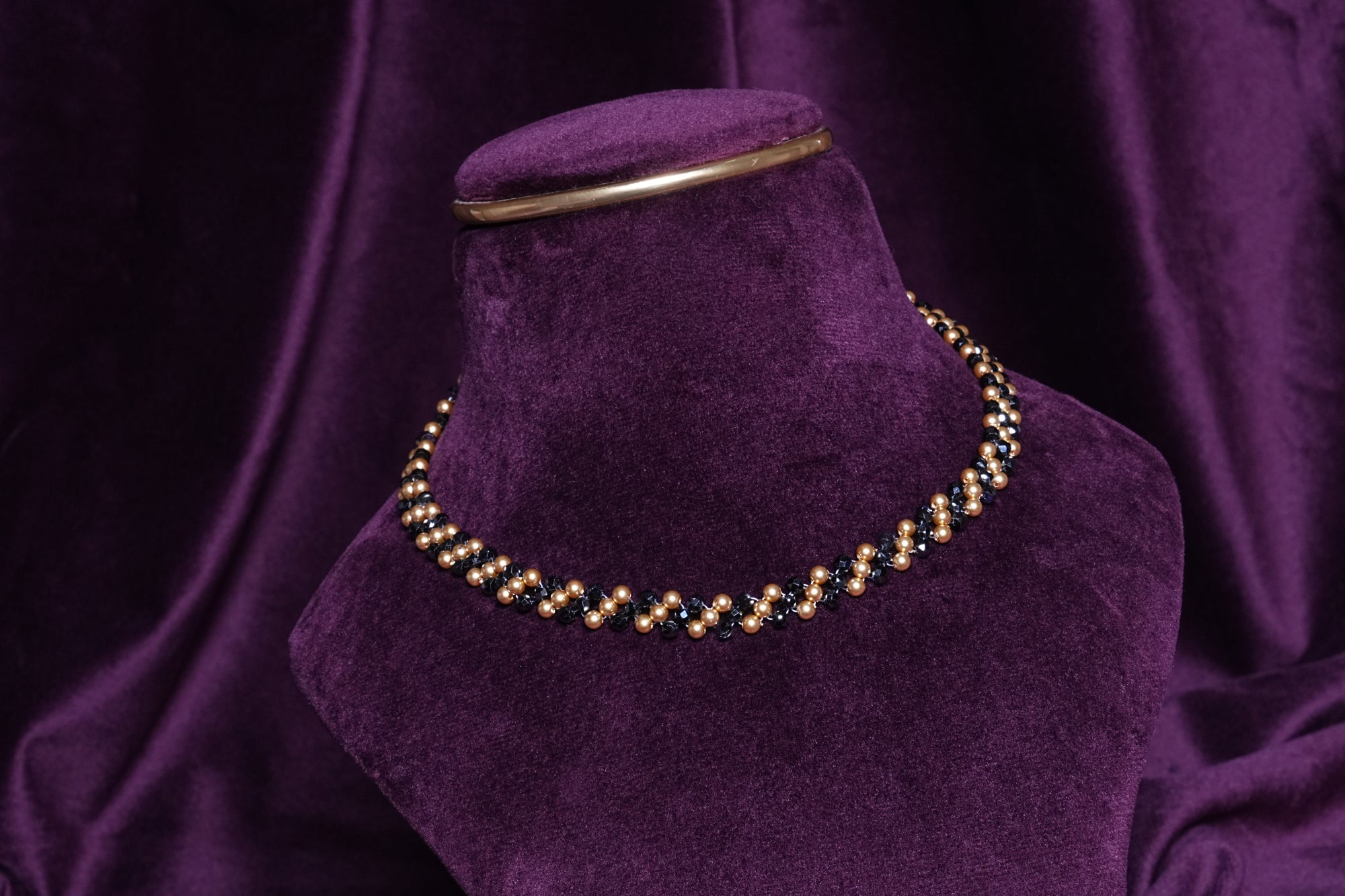 Beaded Helix Cross Gold Pearl and Zircon Black Wave Choker