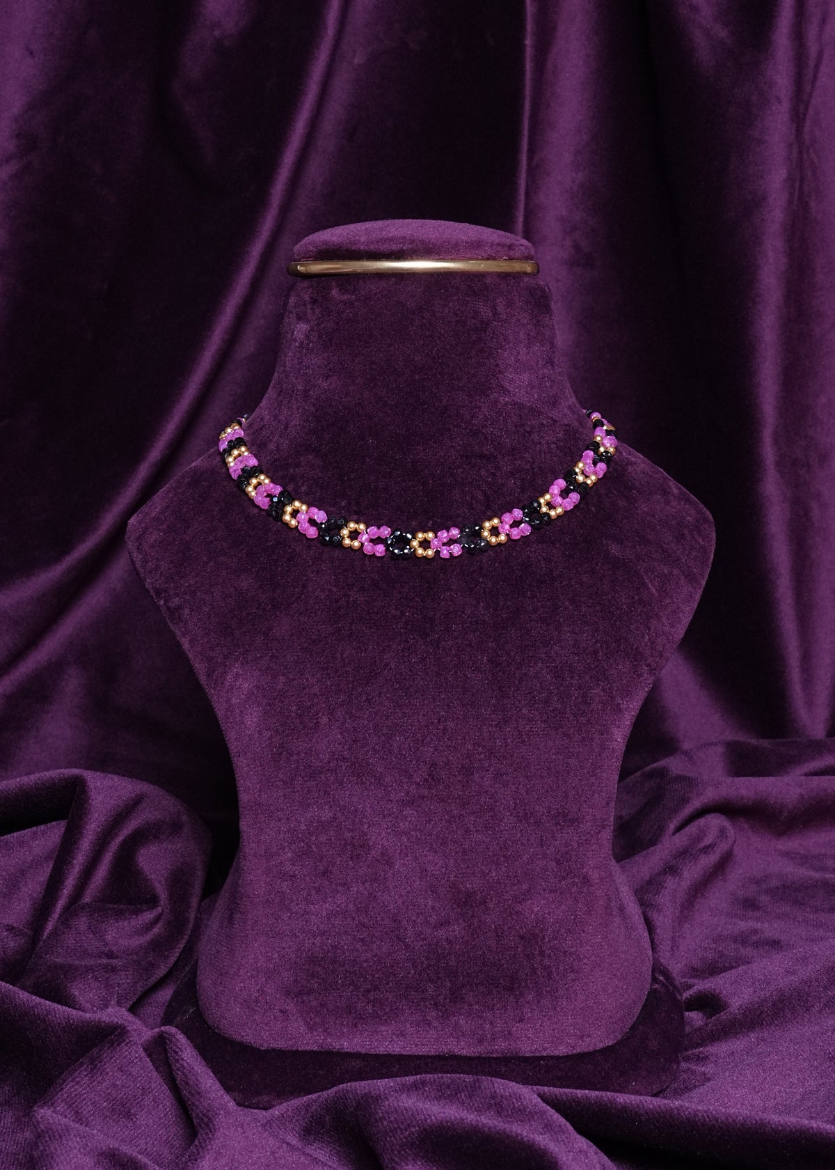 Beaded Orchid Meadow Segmented Tri-Color U-Shape Choker