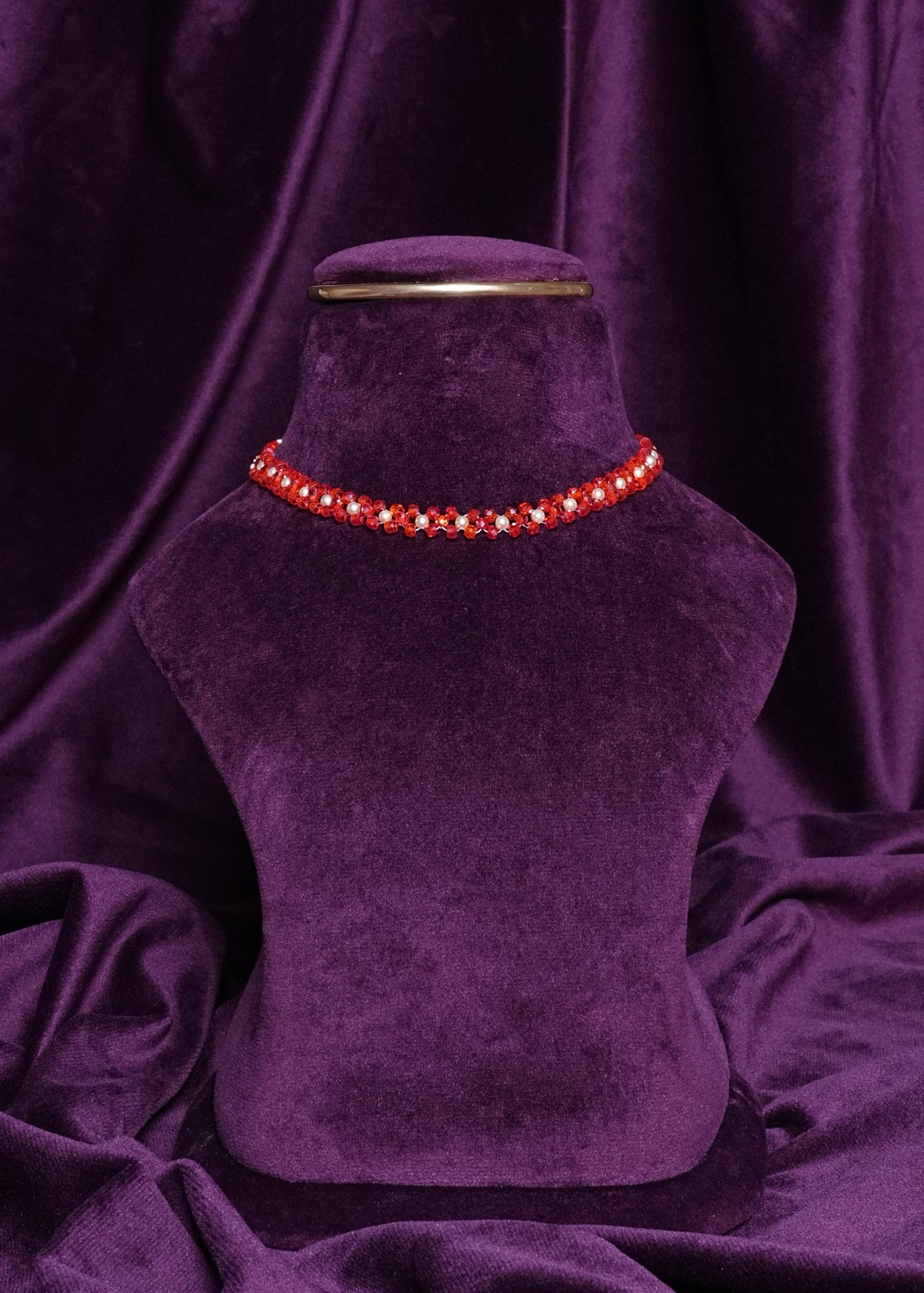 Beaded Ruby Crimson Blossom Flower Grid Choker