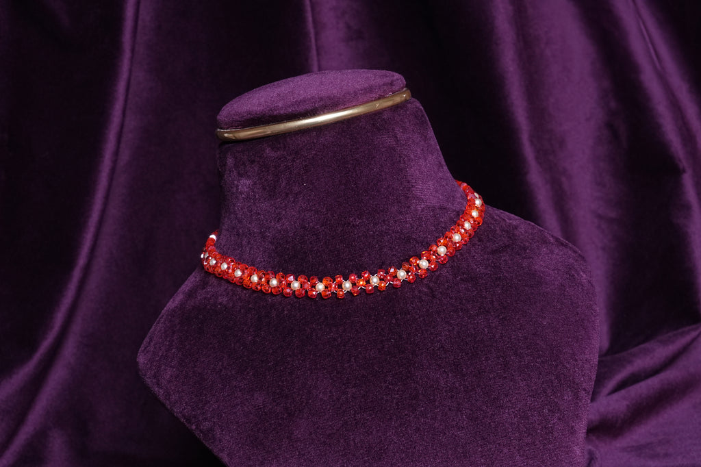 Beaded Ruby Crimson Blossom Flower Grid Choker
