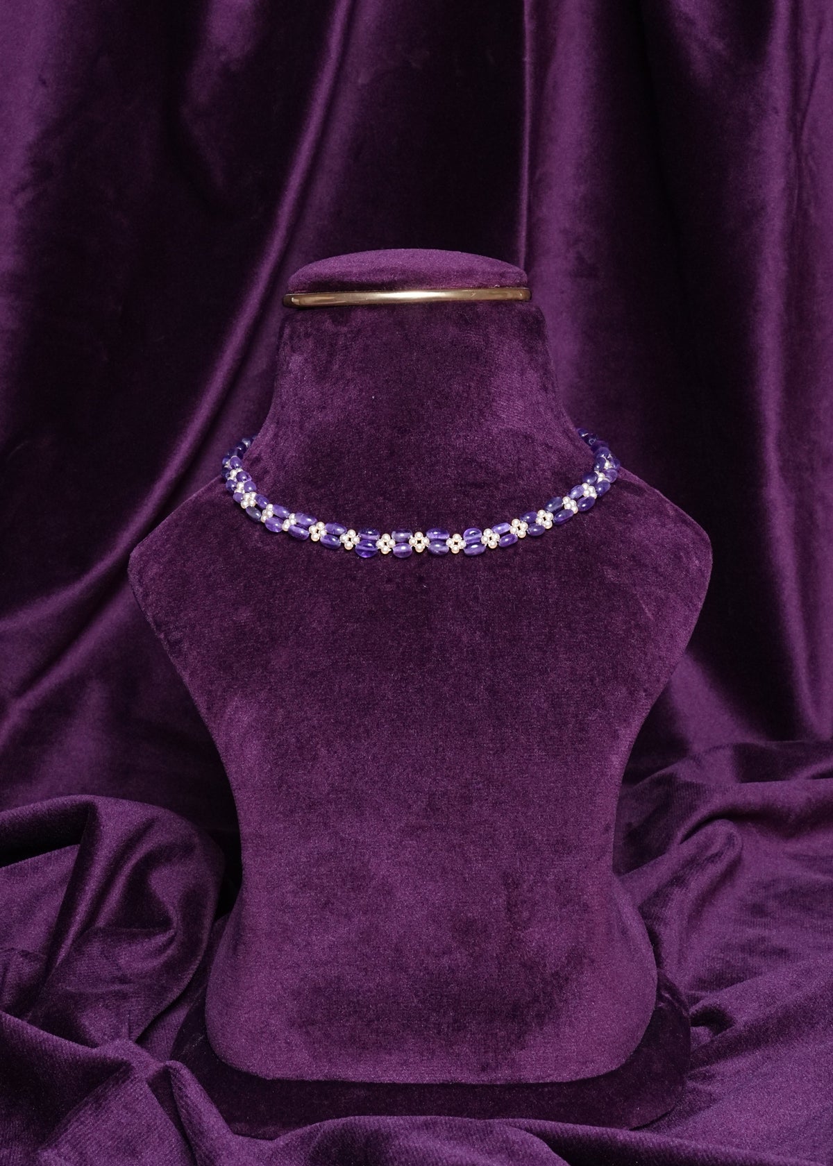 Beaded Woven Amethyst Barrel and Pearl Daisy Garland Choker