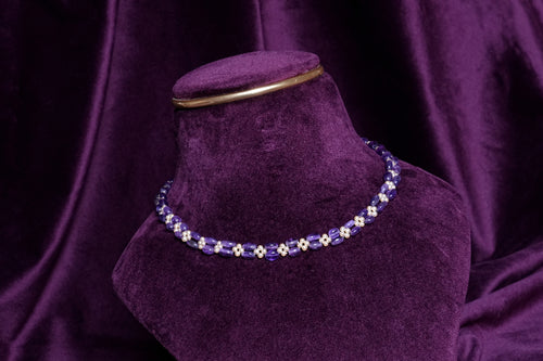 Beaded Woven Amethyst Barrel and Pearl Daisy Garland Choker