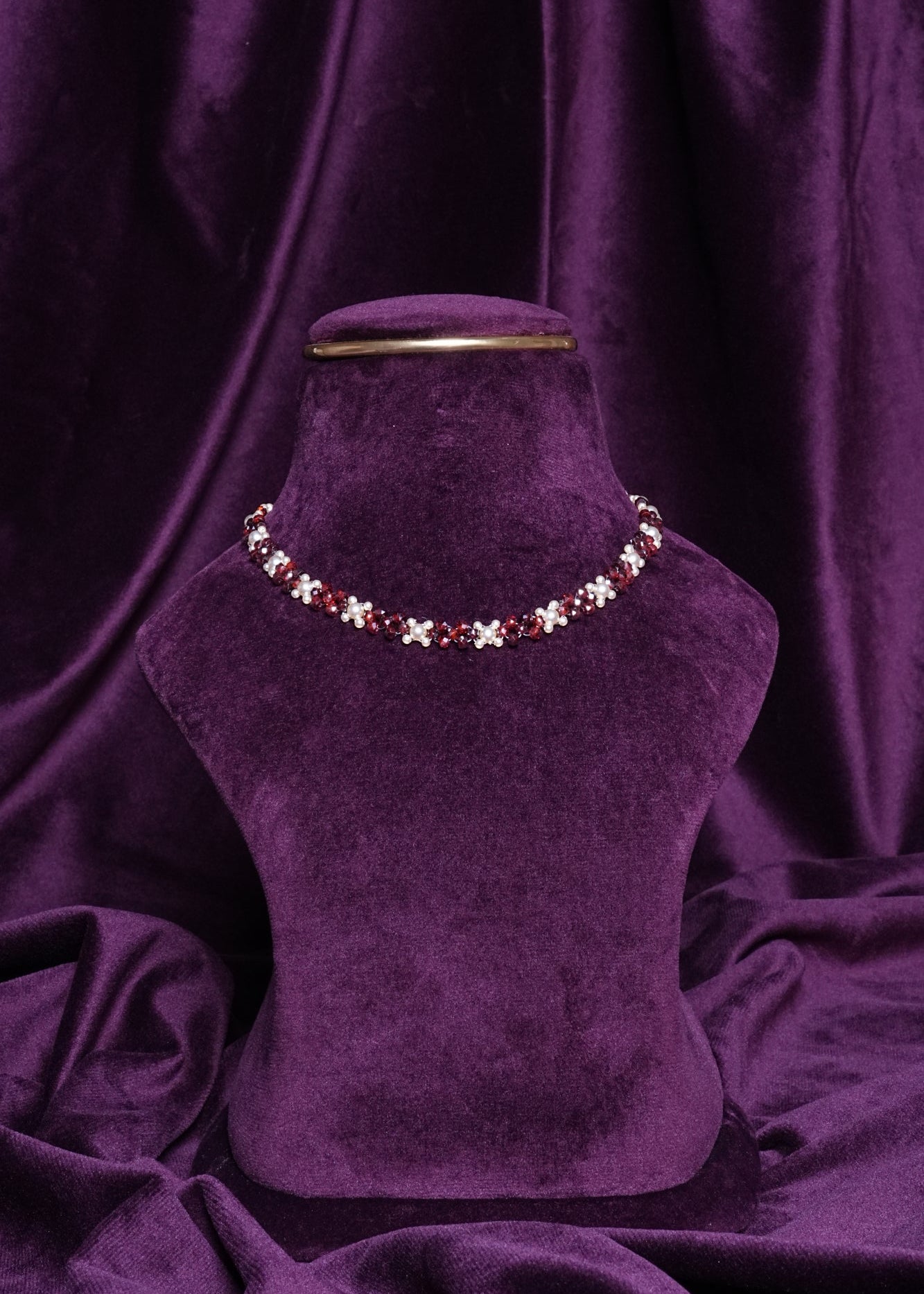 Beaded Garnet Alternating Burgundy and Pearl Flower Choker