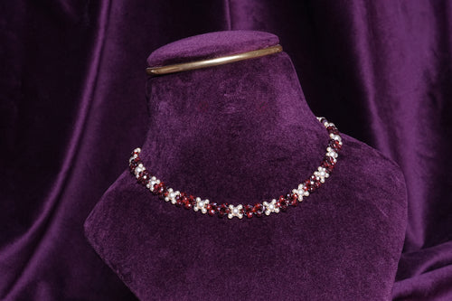 Beaded Garnet Alternating Burgundy and Pearl Flower Choker