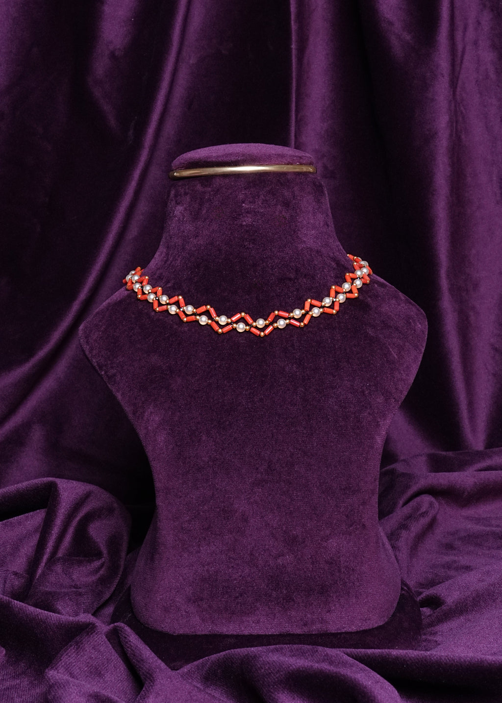 3D Beaded Coral Bugle and Pearl Wave Ribbon Lattice Choker