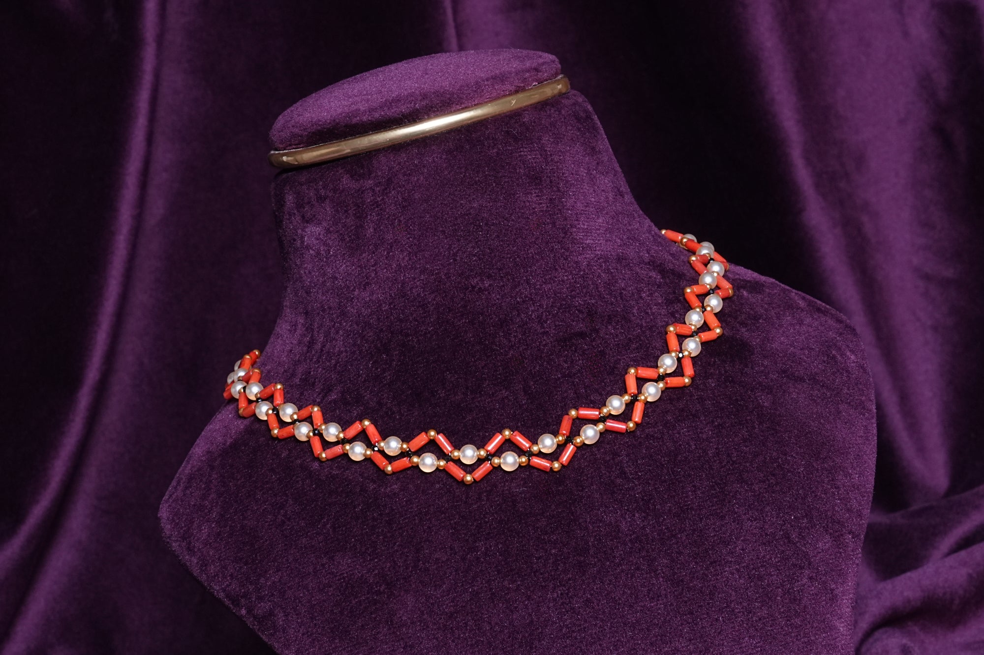 3D Beaded Coral Bugle and Pearl Wave Ribbon Lattice Choker