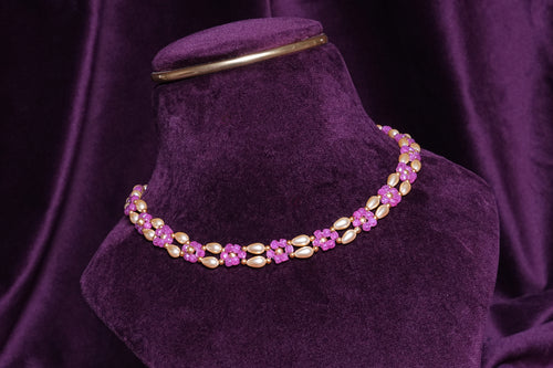 Beaded Alternating Magenta Flower and Rice Pearl Blossom Choker
