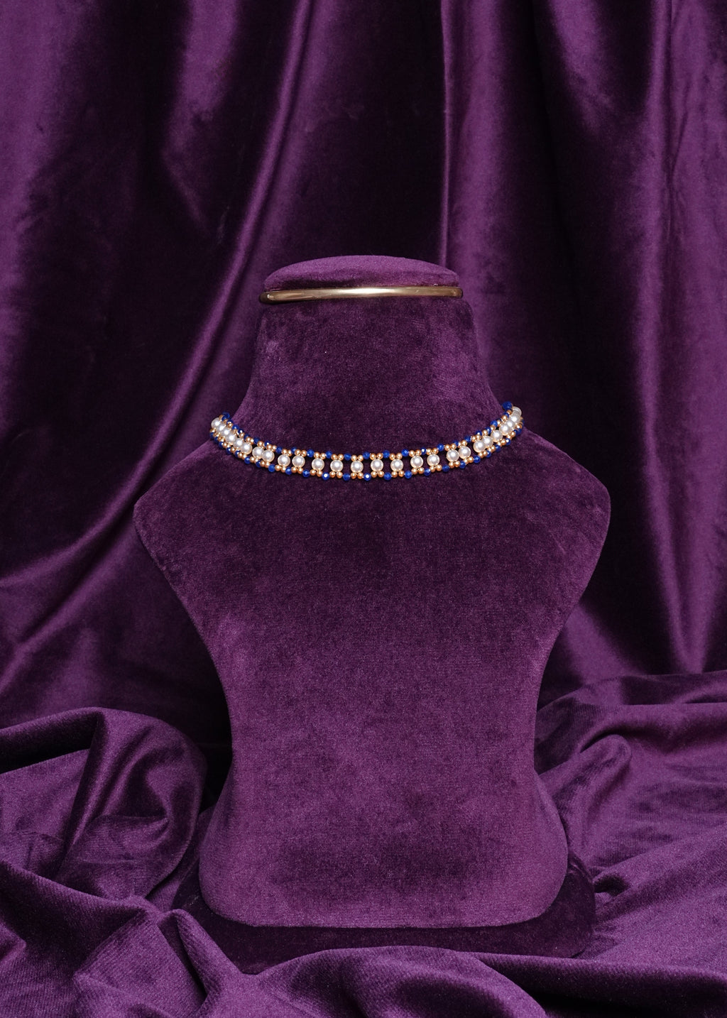 Beaded Interlocking Pearl Track With Cobalt Sapphire Wave Border Choker