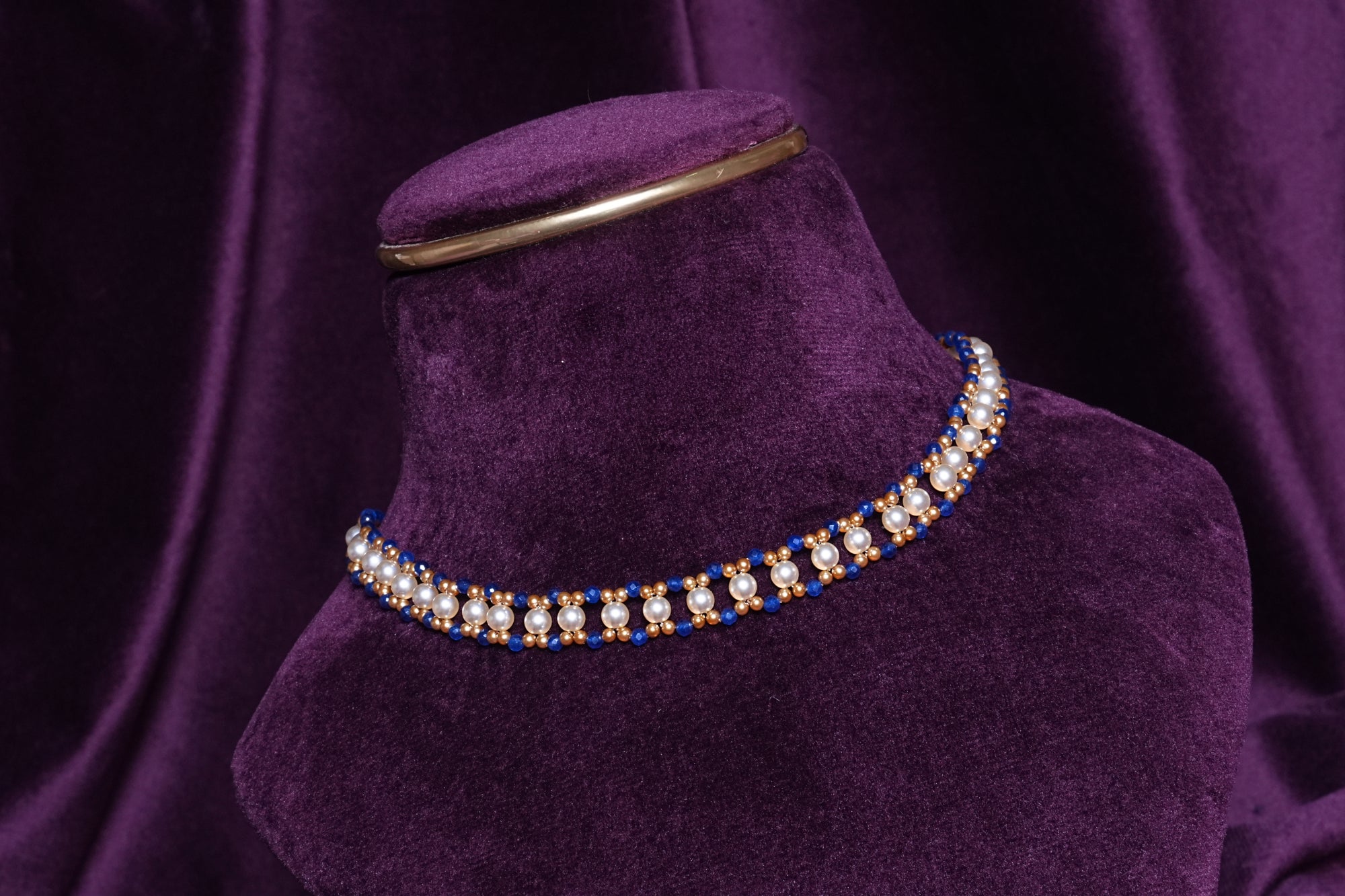 Beaded Interlocking Pearl Track With Cobalt Sapphire Wave Border Choker