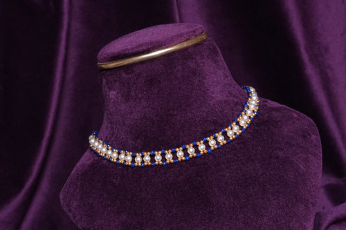 Beaded Interlocking Pearl Track With Cobalt Sapphire Wave Border Choker