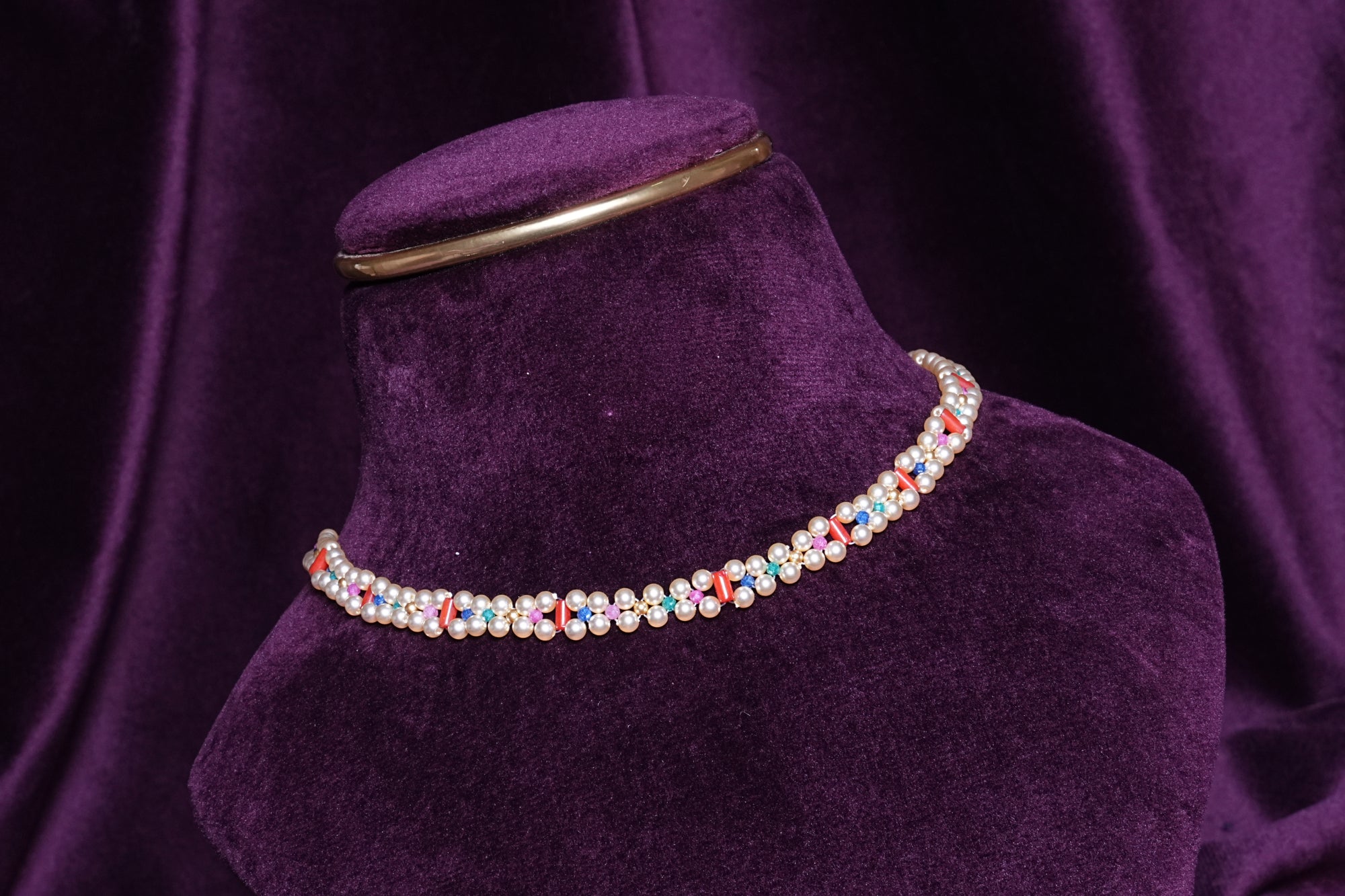 Beaded Multi-Color Pearl Track Navarathna Choker