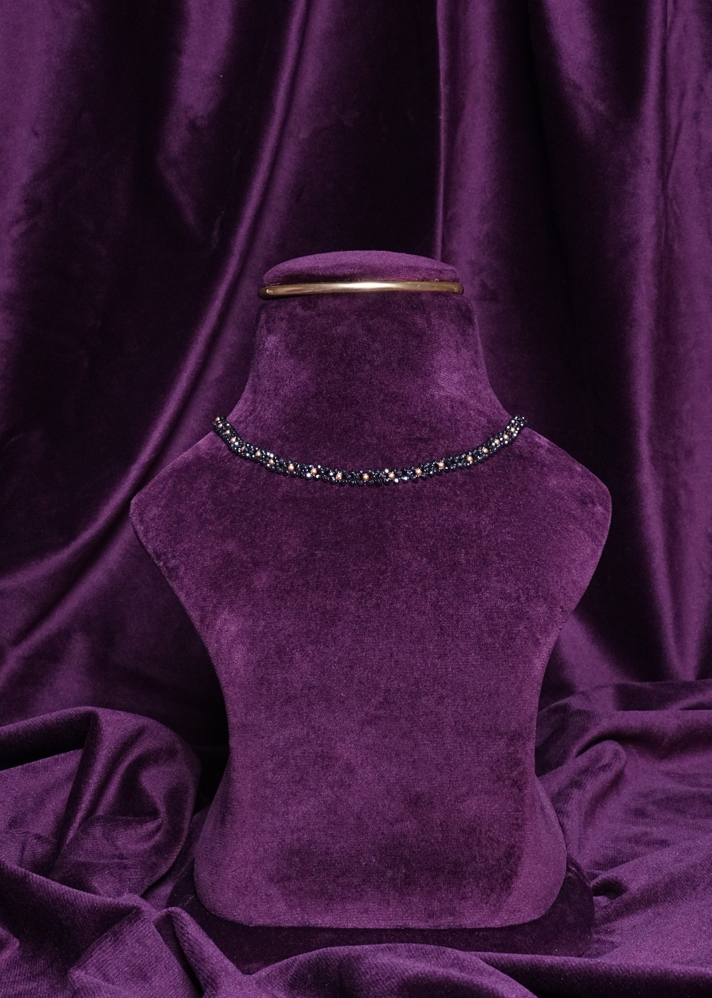 Beaded Woven Midnight Alternating Black CZS and Gold Pearls Choker
