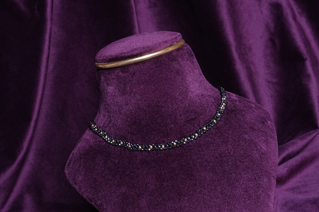 Beaded Woven Midnight Alternating Black CZS and Gold Pearls Choker
