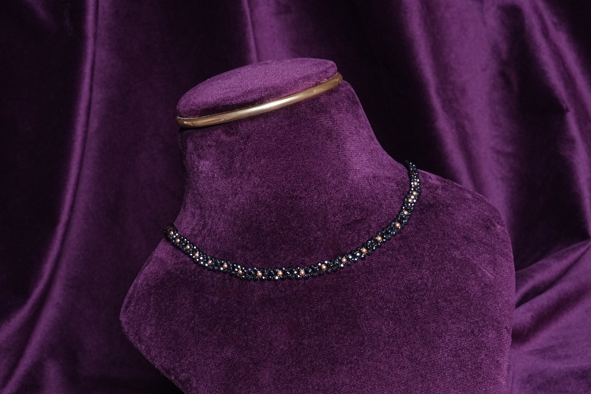 Beaded Woven Midnight Alternating Black CZS and Gold Pearls Choker