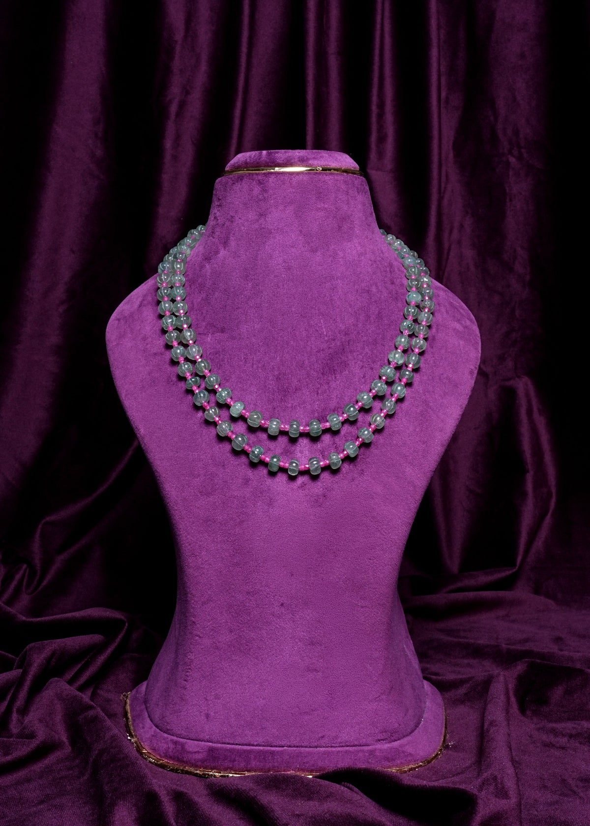 Two- Layer Parallel Pumpkin-Cut Curved Mint Emerald Beads & Pink Spacer Zircon Haram