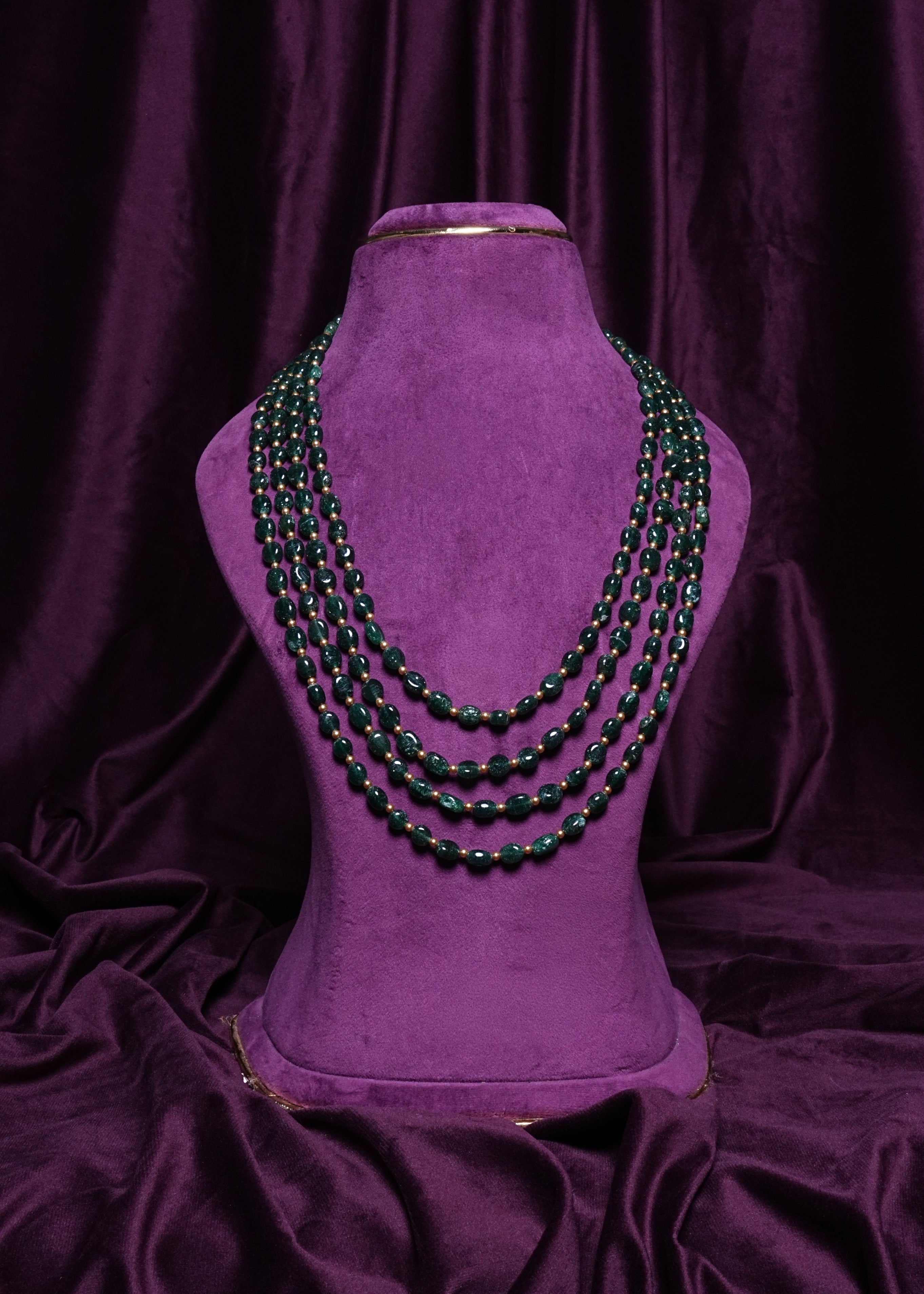 Four- Layer Emerald Ovel Beads & Gold Pearl Spacer Panchlada- Style Haram