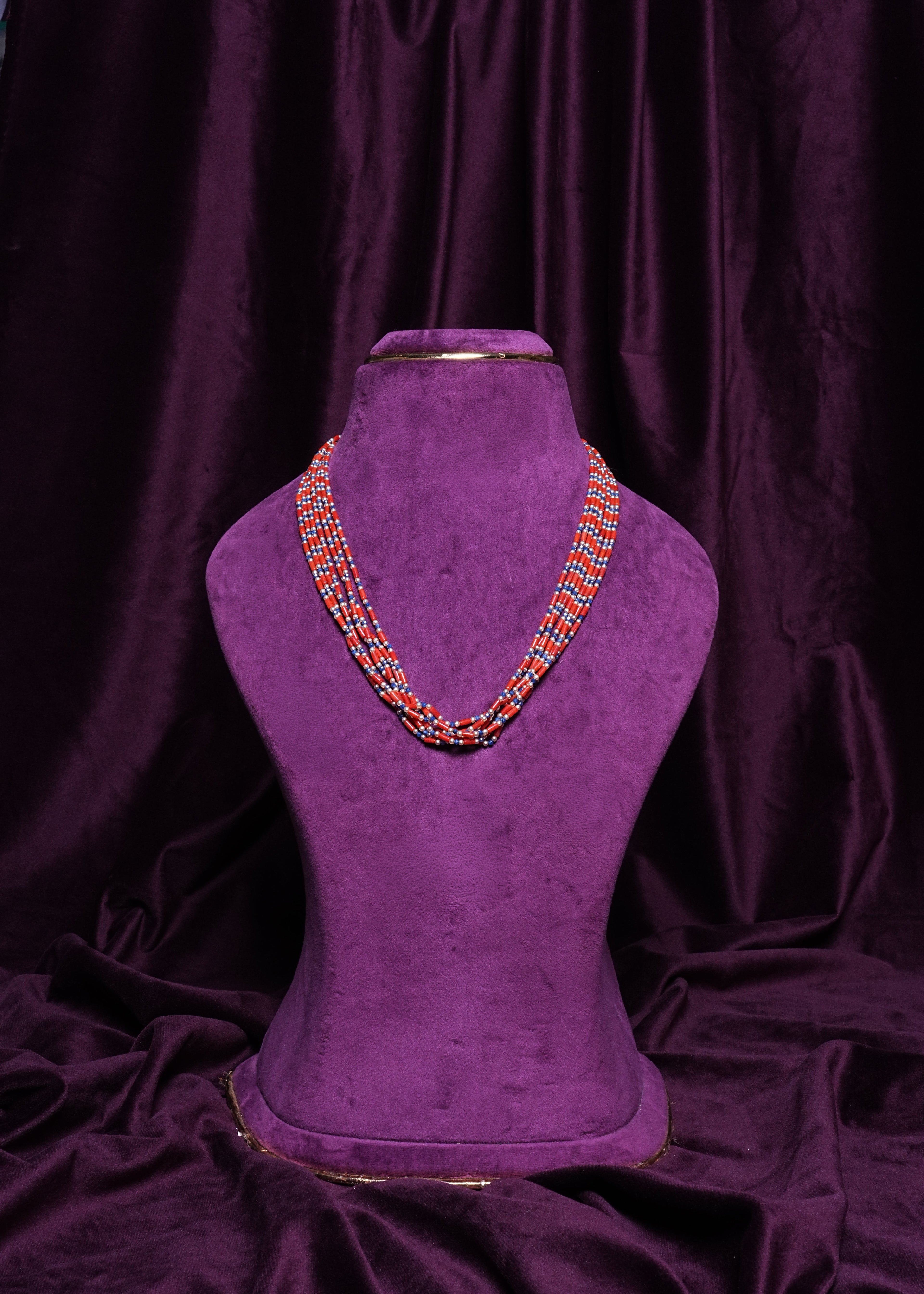 Seven- Layered Coral Barrel Beads & South Sea Pearls ANF Royal Blue Sapphires Spacer Panchlada Haram