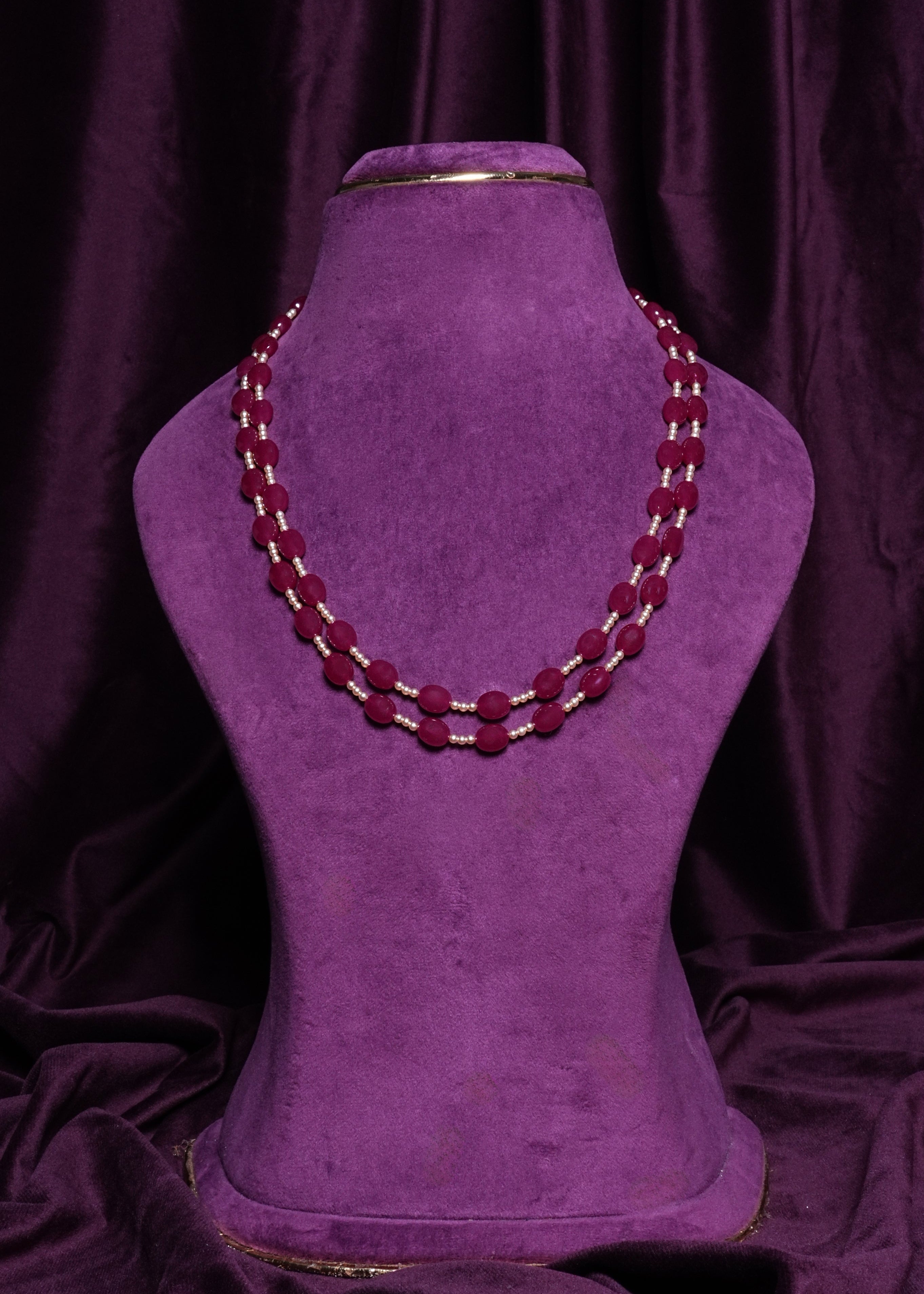 Beaded Oval Ruby and Pearl Twin Track Garland Two-Tire Crimson Segmented Harr
