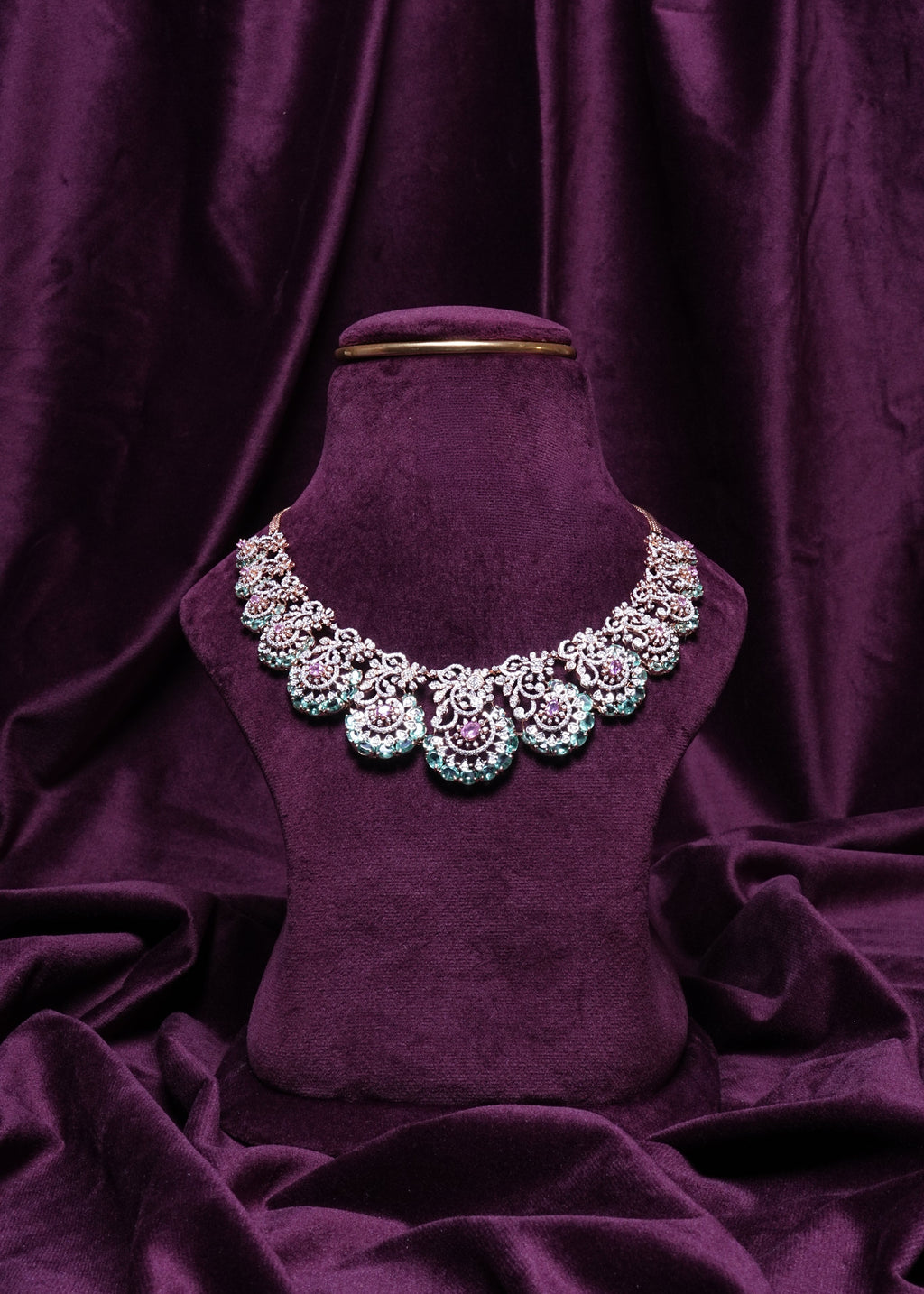 Lab Grown Diamond Scalloped Lace Arches Pink Round-Cut Tourmaline & Ovel-Cut Mint Emerald Festoon Silhouette Necklace
