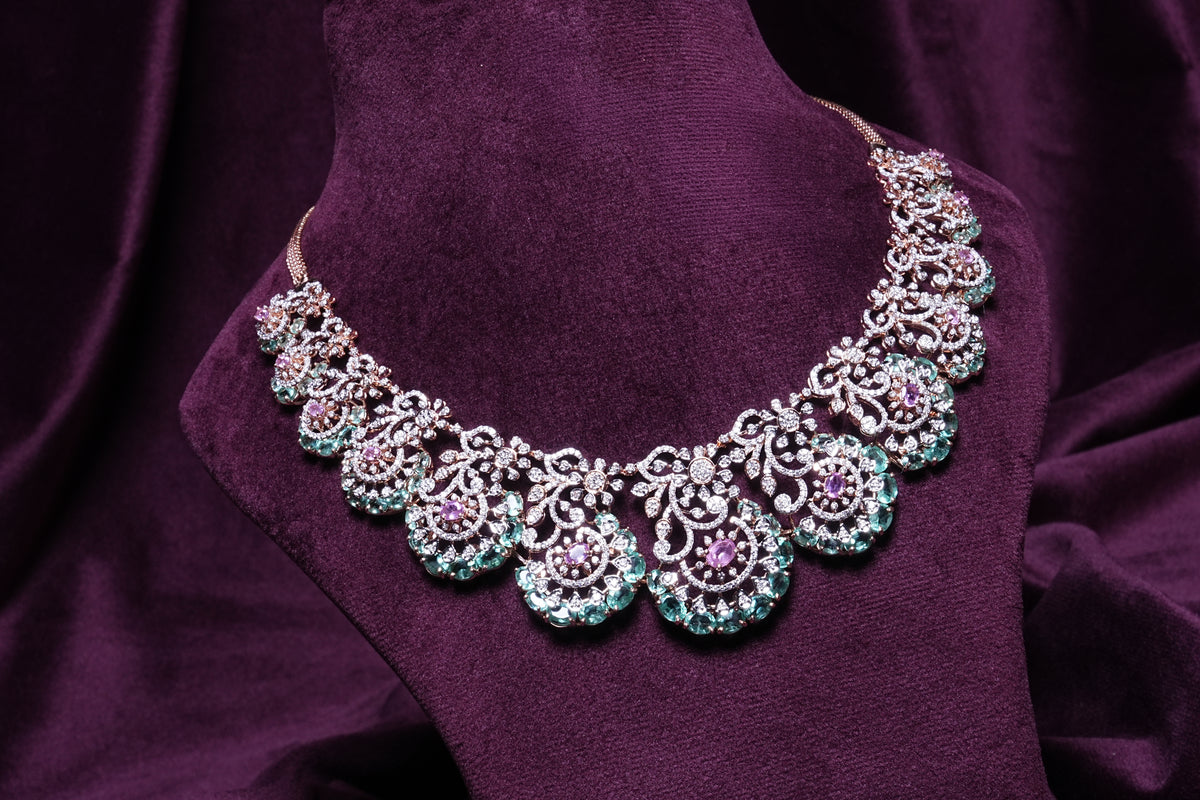 Lab Grown Diamond Scalloped Lace Arches Pink Round-Cut Tourmaline & Ovel-Cut Mint Emerald Festoon Silhouette Necklace