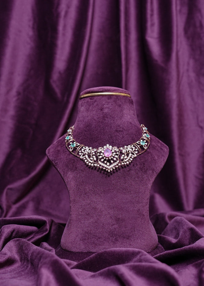 Lab Grown Diamond Asymmetric Mayur Silhouettes Filigree Pear-Cut Pink Tourmaline Mint Emerald Collar Chocker Necklace