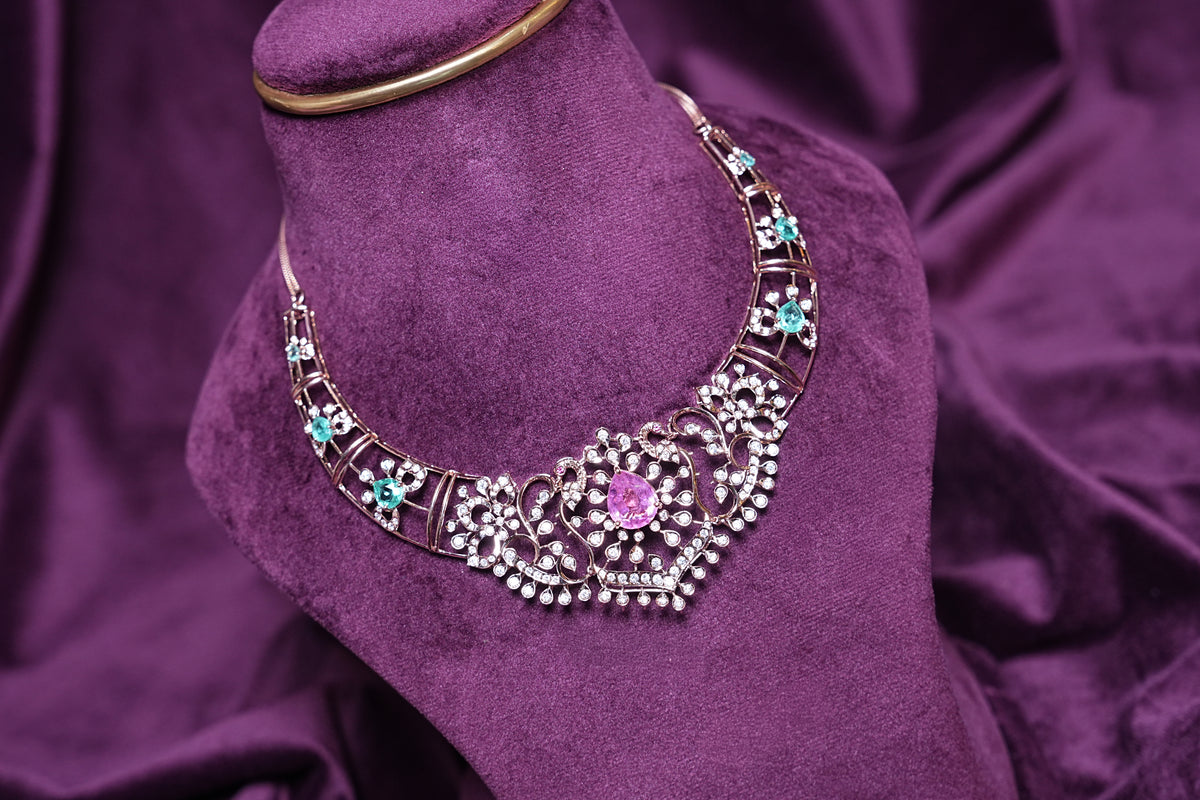 Lab Grown Diamond Asymmetric Mayur Silhouettes Filigree Pear-Cut Pink Tourmaline Mint Emerald Collar Chocker Necklace