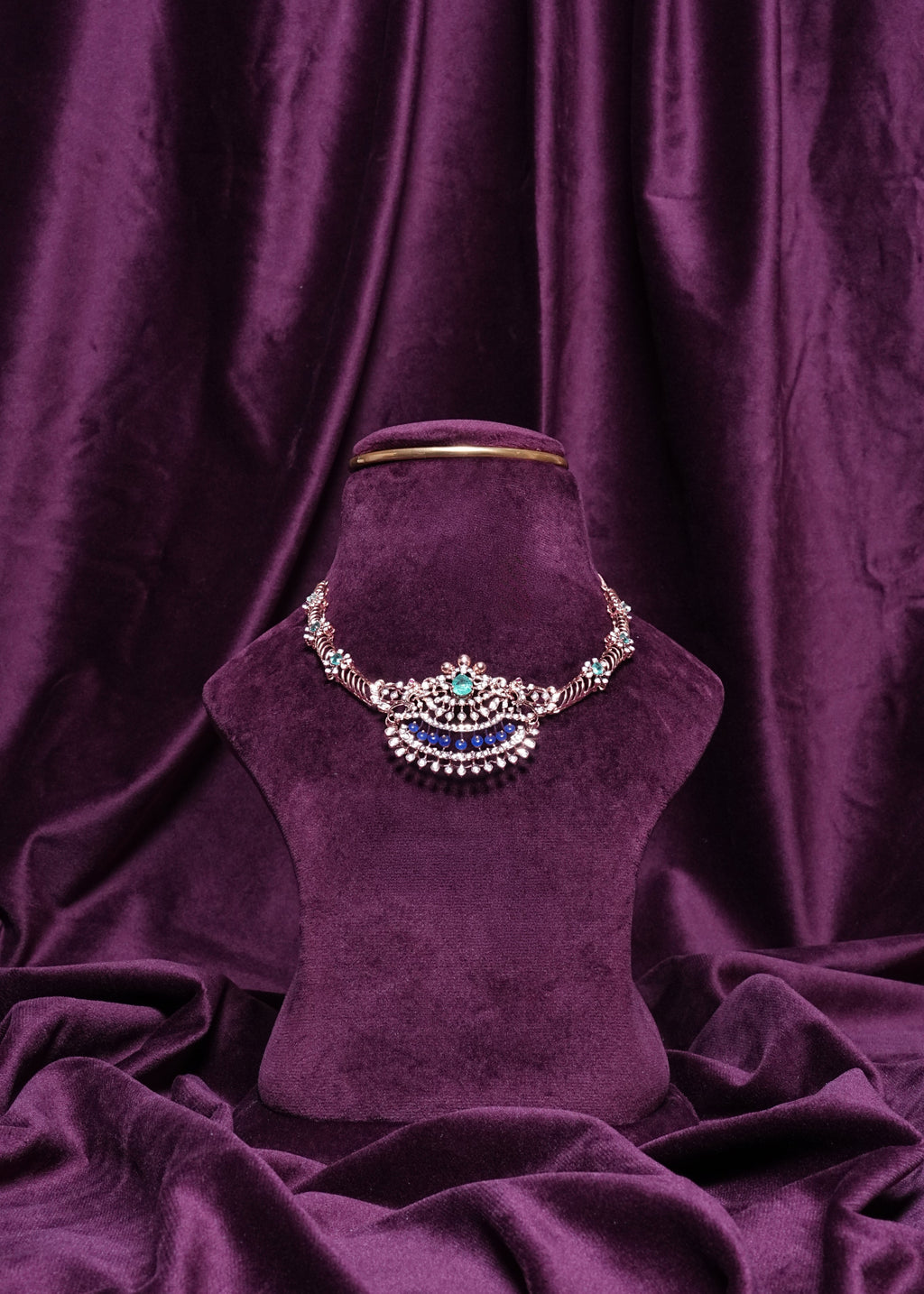 Lab Grown Diamond Emerald Chandbali & Royal Blue Bead & Pear-Cut Mint Emerald Floral Bloom Cluster Collar Necklace