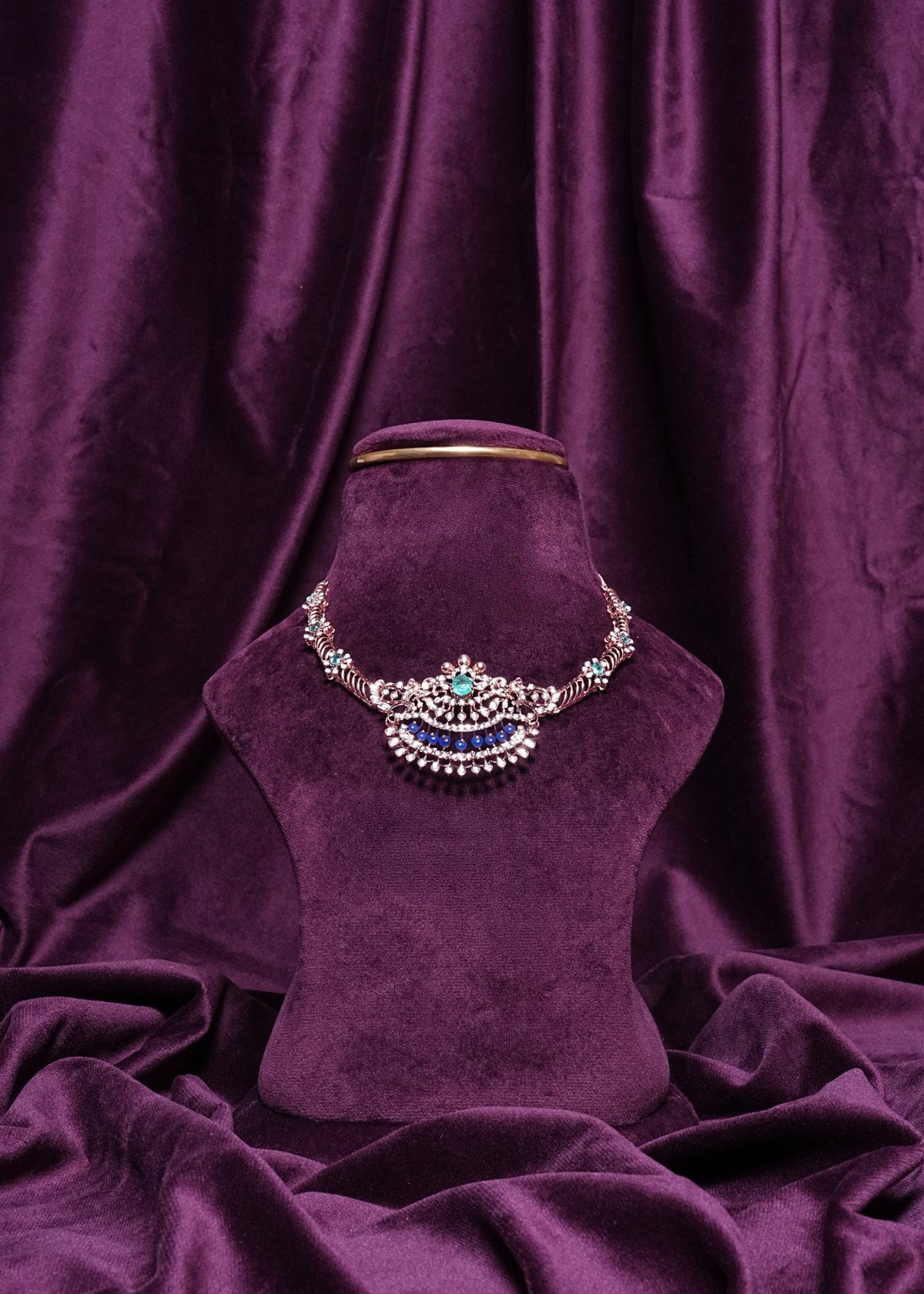 Lab Grown Diamond Emerald Chandbali & Royal Blue Bead & Pear-Cut Mint Emerald Floral Bloom Cluster Collar Necklace