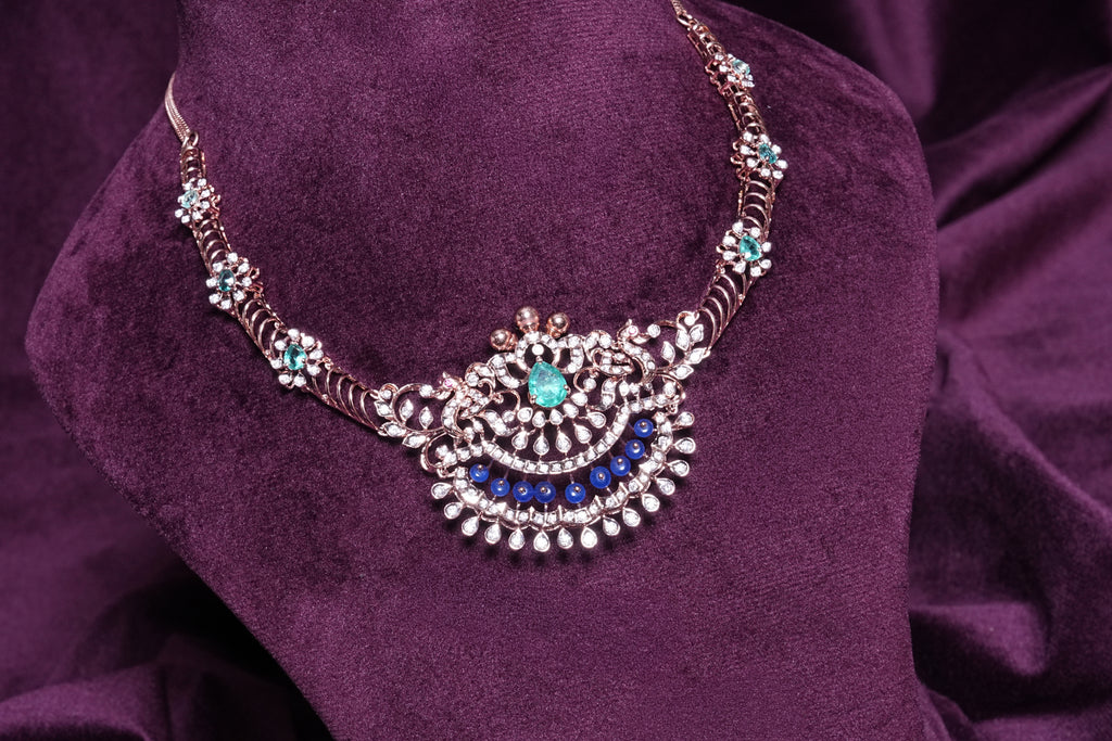 Lab Grown Diamond Emerald Chandbali & Royal Blue Bead & Pear-Cut Mint Emerald Floral Bloom Cluster Collar Necklace