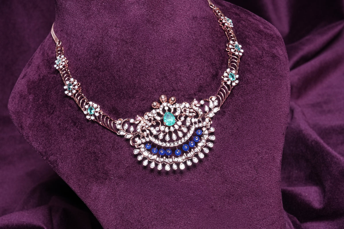 Lab Grown Diamond Emerald Chandbali & Royal Blue Bead & Pear-Cut Mint Emerald Floral Bloom Cluster Collar Necklace