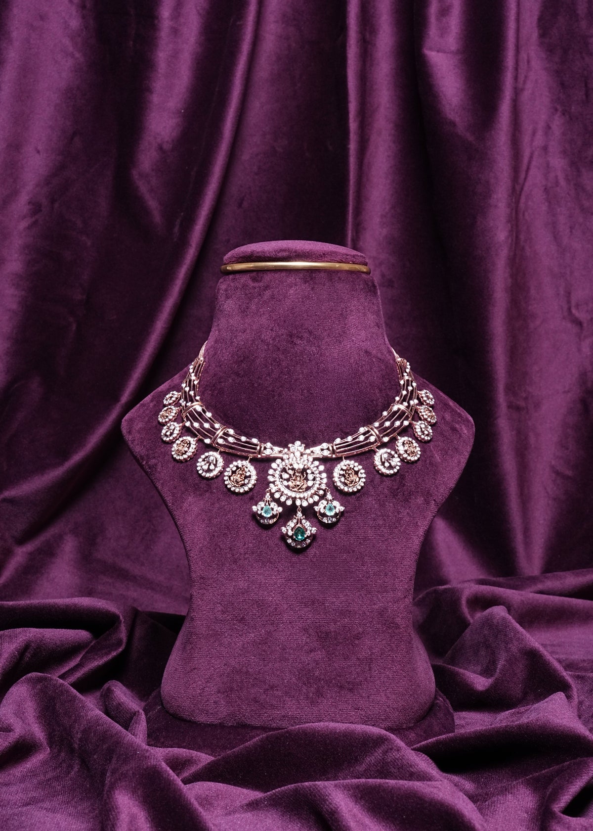 Lab Grown Diamond Buttamala Emerald Goddess Lakshmi Kasu Multi-Wire Collar Necklace