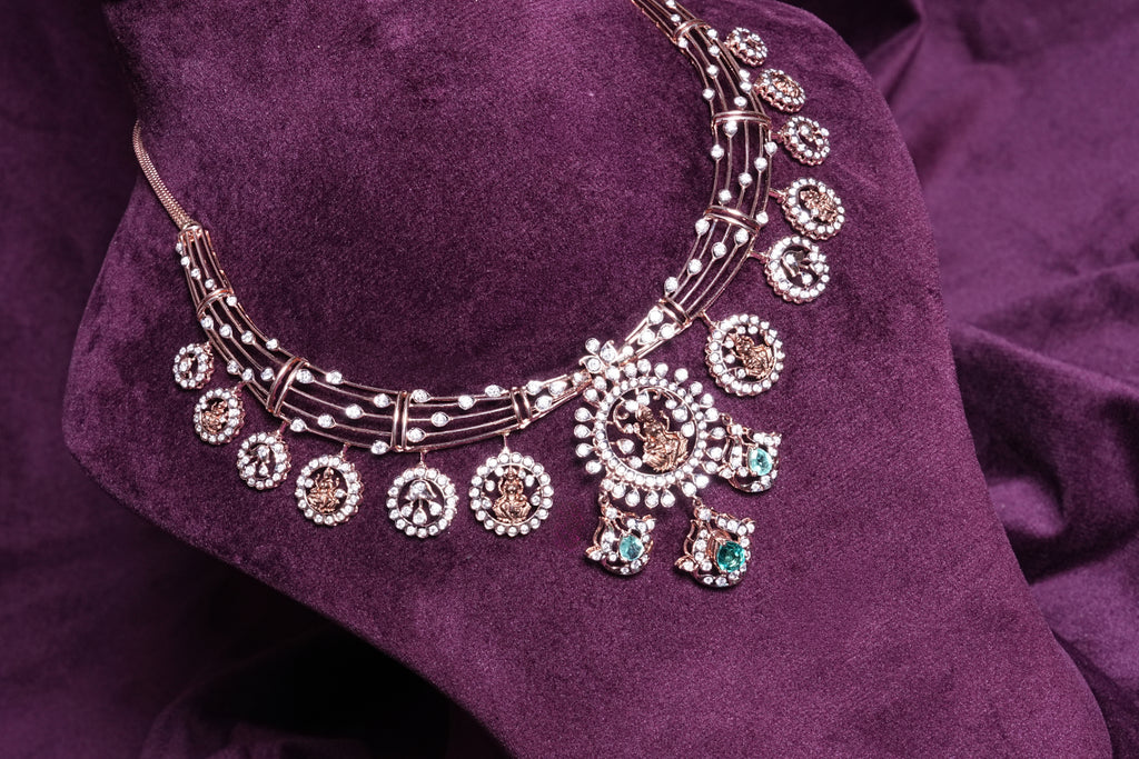 Lab Grown Diamond Buttamala Emerald Goddess Lakshmi Kasu Multi-Wire Collar Necklace