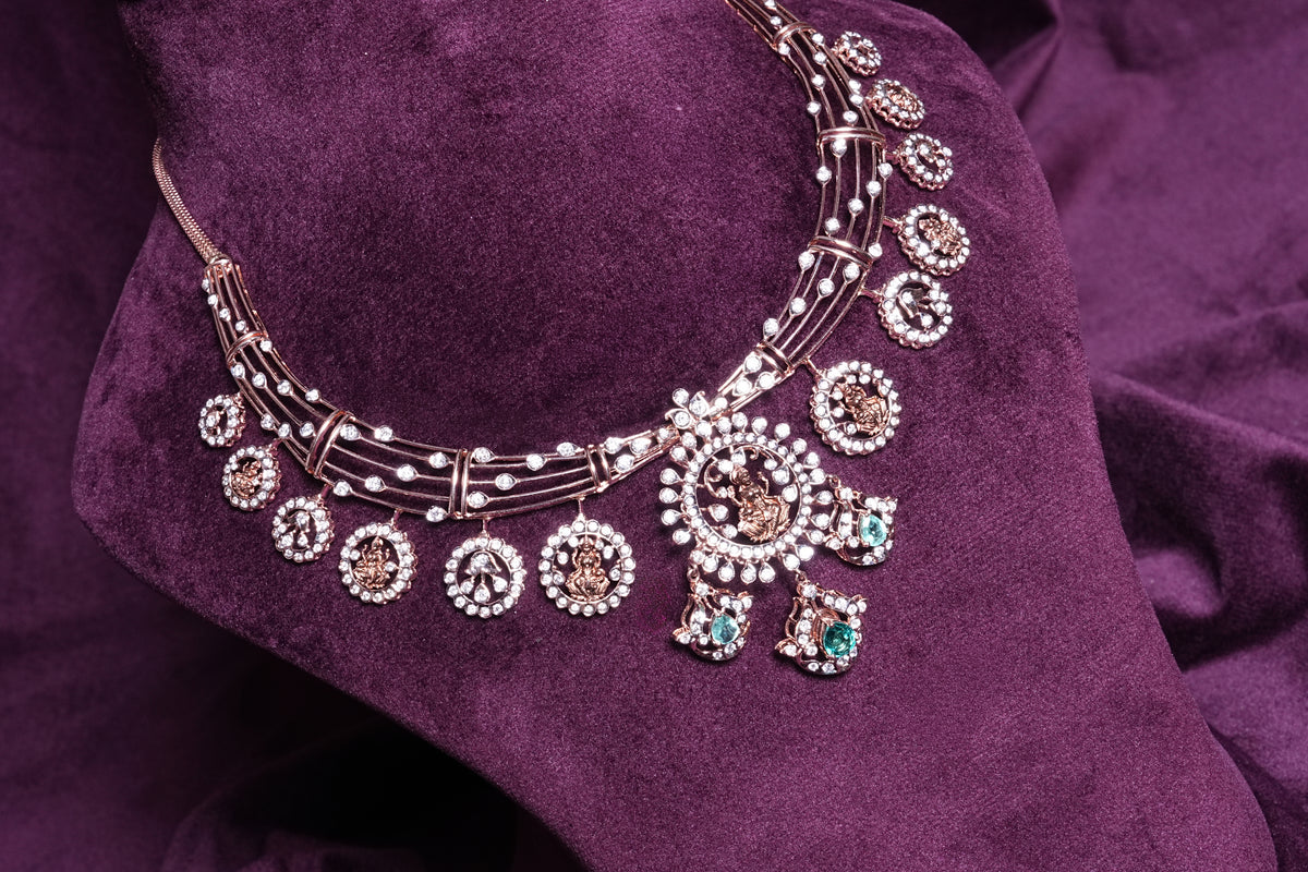 Lab Grown Diamond Buttamala Emerald Goddess Lakshmi Kasu Multi-Wire Collar Necklace