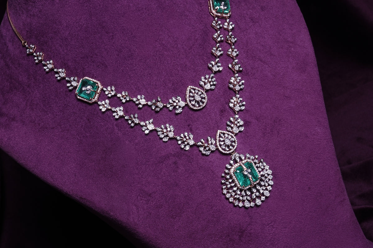 Lab Grown Diamond Dual-Layer Emerald Cut Emerald & Regal Emerald Drop Layered Haram Necklace