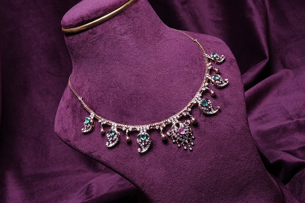 Lab Grown Diamond Paisley Manga Charms Emerald & Pink Drop Festive Necklace