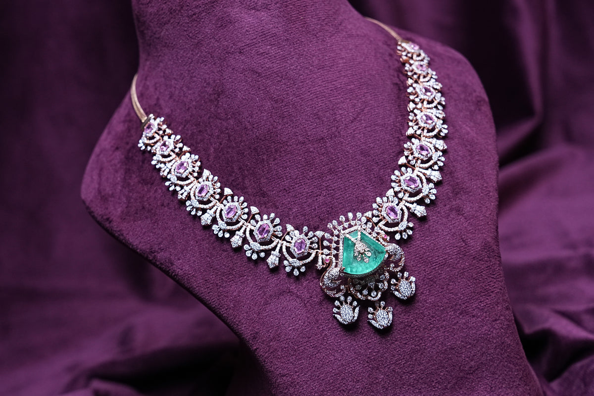 Shield-Cut Emerald & Tourmaline Zircon Halo Collar Necklace