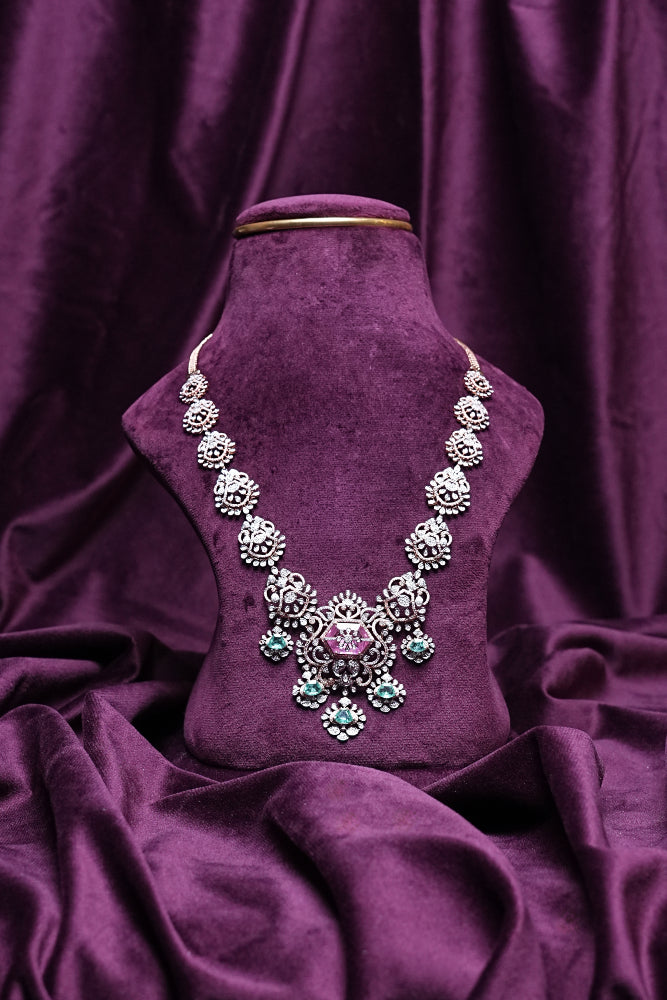 Lab Grown Diamond Hexagonal Pink Tourmaline & Emerald Drop Statement Necklace